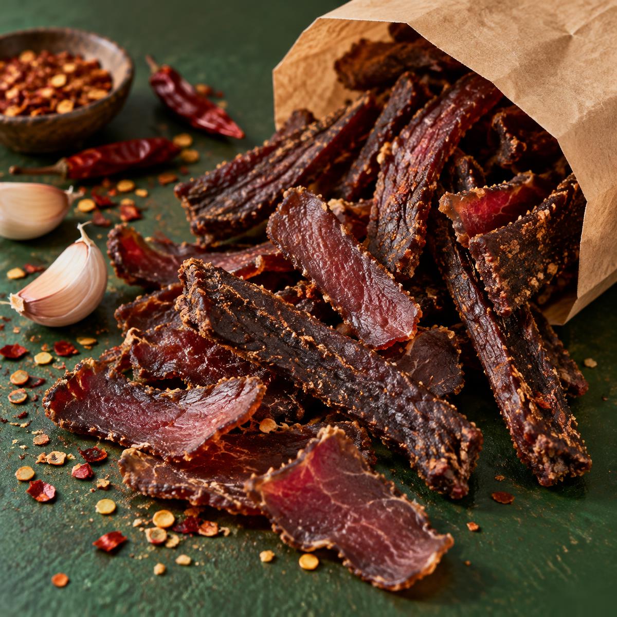 Strips of beef biltong spilling from a paper bag beside garlic and dried chillies