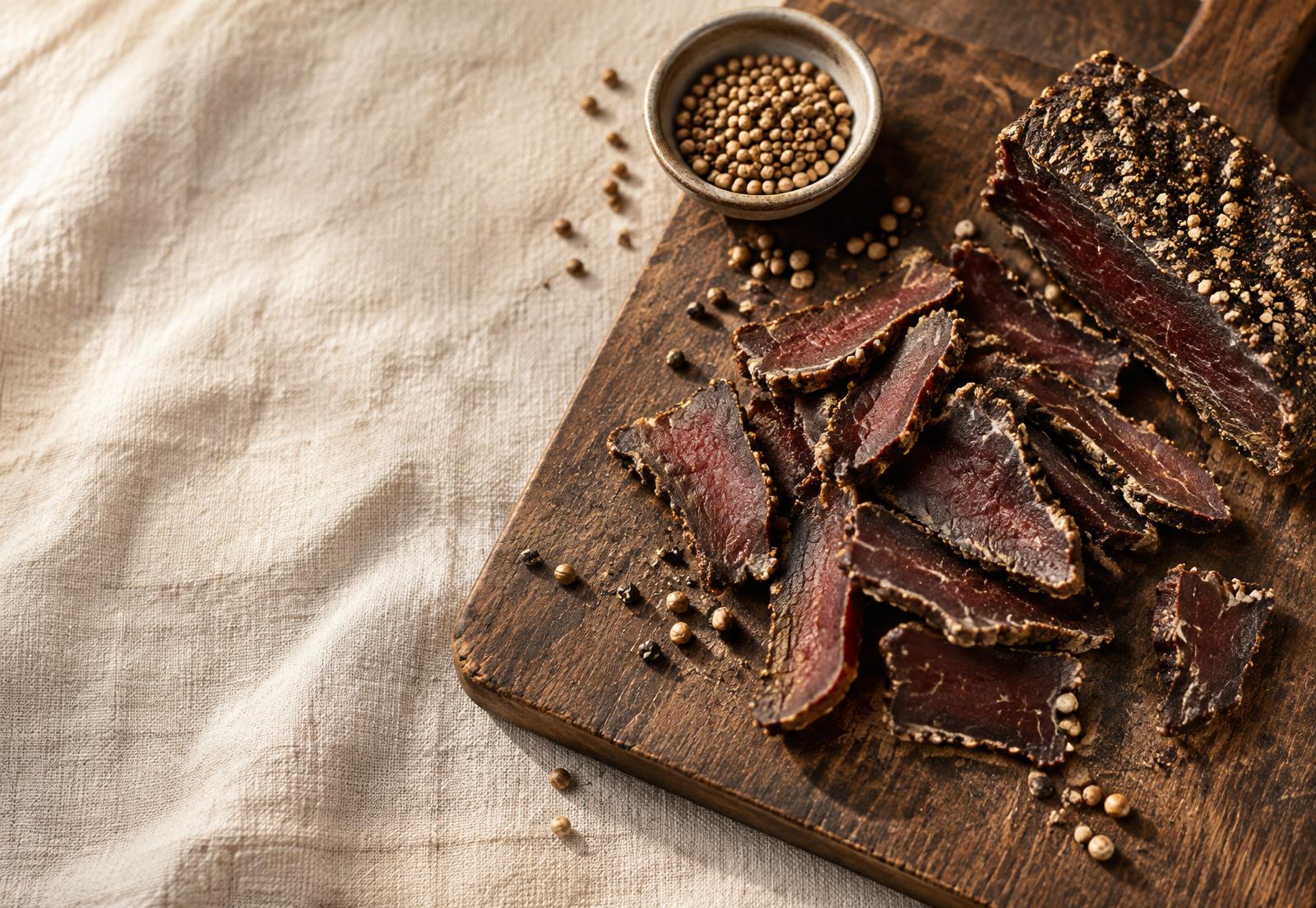 Slices of dark red beef biltong with a spiced crust on a wooden board